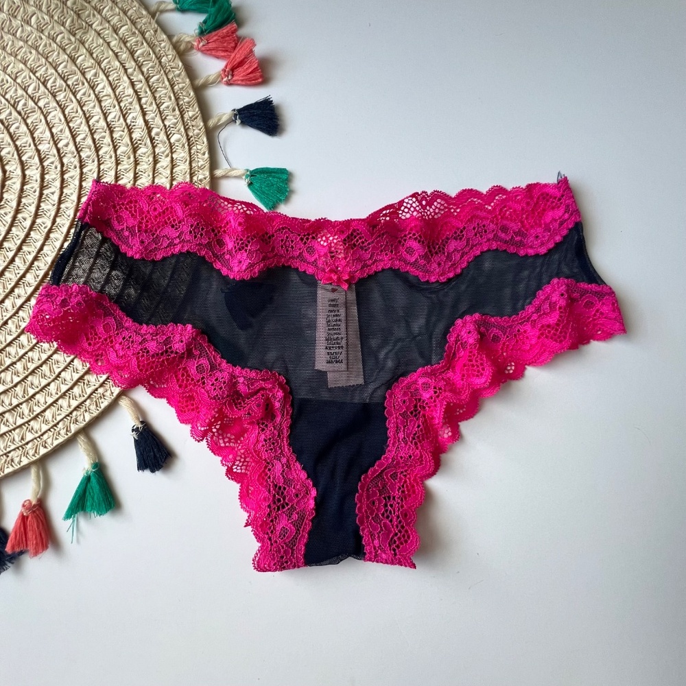Victoria's Secret Tease Mesh Lace-Trim Cheeky Panty Ensign Pink Trim XS NEW